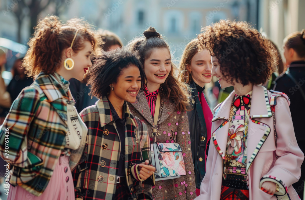 A group of stylish women in fashionable outfits, smiling and laughing as they walk down the street during fashion week with designer handbags on their shoulders.