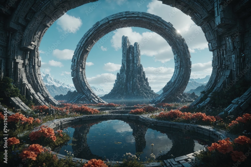 Fototapeta premium Futuristic arch among mountains and nature