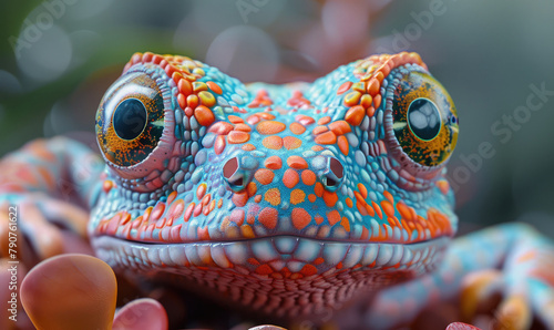 A macro photo of a colorful lizard with blue, orange, and purple scales. photo