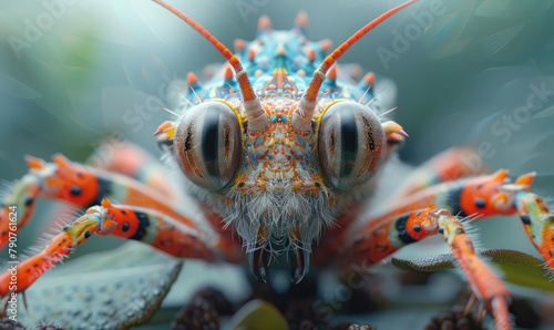A macro photo of a colorful insect with large eyes photo
