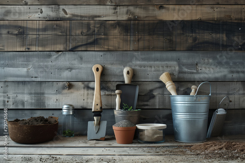 minimalist photo of gardening tools, seeds, and soil arranged neatly on a wooden table, against a simple wooden background, emphasizing the rustic charm and practicality of gardeni