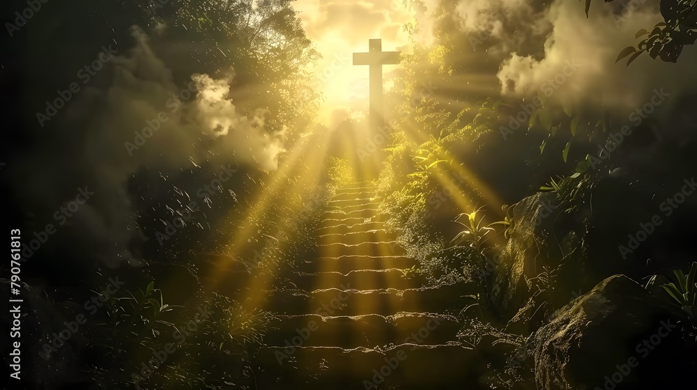 Obraz premium Stairway to heaven in a spiritual concept, leading to the Christian cross in a heavenly concept. Religion background. Paradise stairway in a spiritual concept. Spiritual fantasy's stairway to the ligh