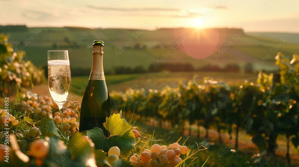 A bottle of champagne with a nearby glass glass filled with sparkling wine against the backdrop of a vineyard at sunset