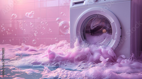A washing machine with pink foam overflowing