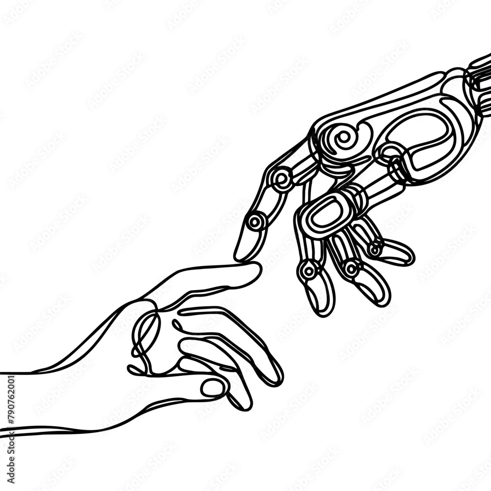 drawn by one continuous line of human and robot hands touching, fusion of artificial intelligence and humanity.
