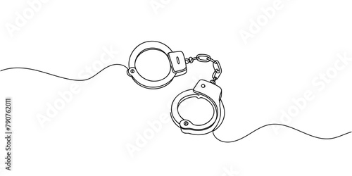 One line continuous drawing design of Handcuffs isolated on white background. © dariachekman