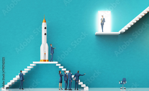 Business people  introducing a new startup idea to investors. Rocket as symbol of startup. Business environment concept with stairs and open door. 3D rendering