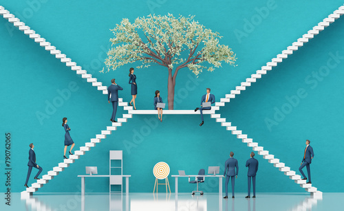 Business people are working together in the shade of big green tree. Business environment concept with stairs and open door. 3D rendering