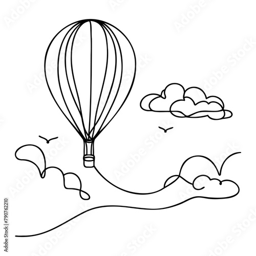 Continuous one line drawing of hot air balloon in sky with clouds. hot air balloon icon in single line doodle style