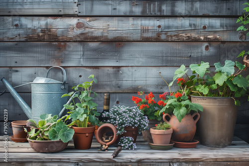 tranquility and harmony of gardening essentials arranged on a wooden table, against a simple wooden background, evoking a sense of peace and mindfulness in the act of gardening.