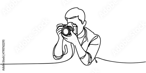 Continuous line drawing of professional man photographer take picture use camera. One line art concept of photography. Vector illustration.