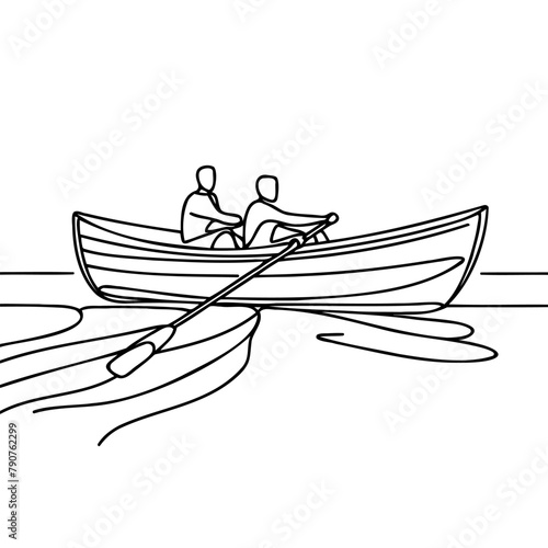 Man sailing on a boat kayaking one line sketch on white background.