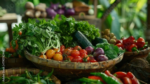 Various vegetables in baskets on table