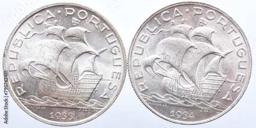 set of two Portuguese silver 5 escudos coins photo