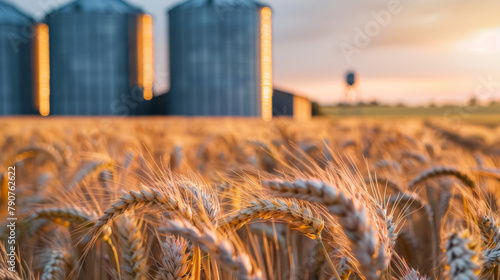 A close-up view of a lush wheat field with three silos in the blurred background, capturing the essence of agricultural landscapes.