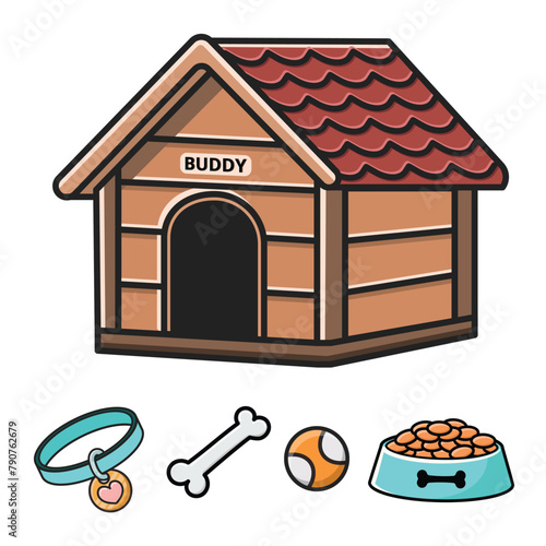 A set of dog equipment, isolated vector drawings on a white background. A doghouse, a collar, a bone, a game ball, a bowl of food. Suitable for pet stores, stickers, ad, prints, cards, posters
