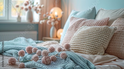 Cozy close-up of a pastel-colored bed adorned with plush pillows and a soft blanket, creating