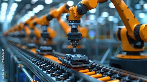 Close-up perspective of robotic arms and conveyor belts on the production line, demonstrating t photo