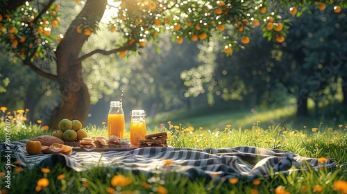 A serene picnic scene with a checkered blanket and a spread of sandwiches, fruit, and drinks on photo