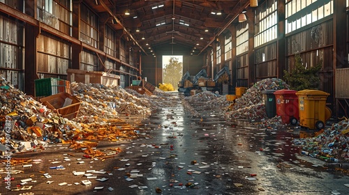 A panoramic view of a bustling recycling facility, with machinery processing paper, plastic, glas photo