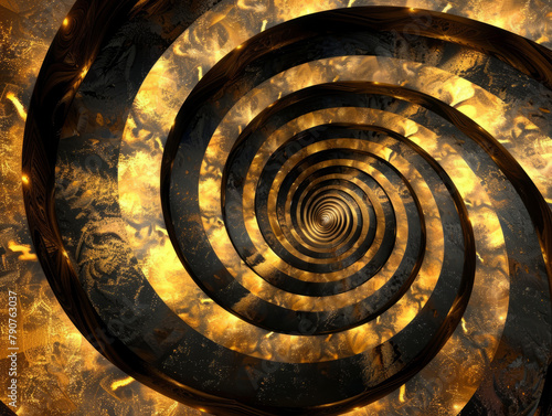 A mesmerizing, hypnotic spiral pattern with black and gold