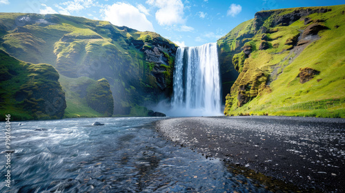 Majestic waterfall cascading over mossy brown cliffs onto black pebbled riverbed under clear blue sky