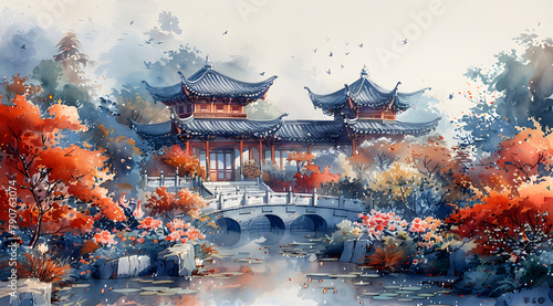 Imperial Splendor: Majestic Watercolor Panorama of Tang Dynasty Garden