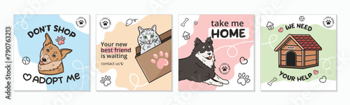A set of cute templates for a social media post on the topic of dogs and cats adoption. Adopt me banner , a cat in a box, a request for help. Pleasant bright colors, pet elements. 