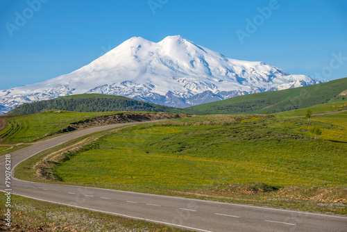 Mountain road overlooking Elbrus. Kabardino-Balkaria