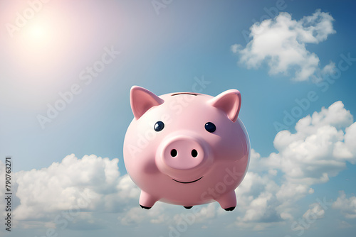 Fatty piggy bank floating against on the sky.floating rate concept.