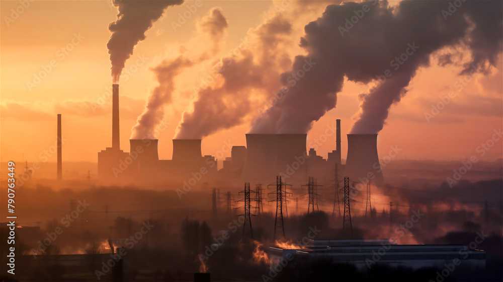 Smoke and pollution bellowing from a large coal fuelled power plant representing climate change