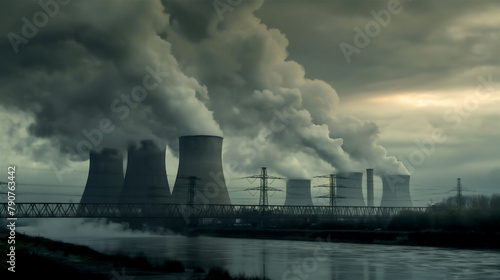 Smoke and pollution bellowing from a large coal fuelled power plant representing climate change