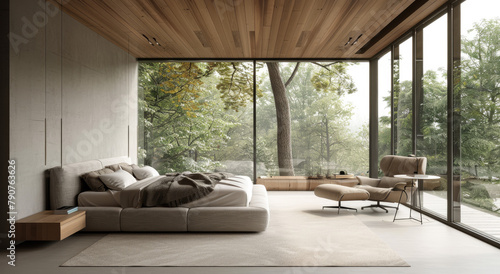 A minimalist bedroom with large windows, a wooden ceiling and light gray colored walls.