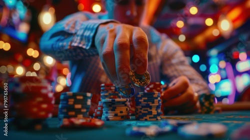 There is a man in a casino who gathers poker chips