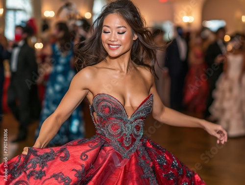 A woman in a red dress is dancing at a party. She is smiling and she is enjoying herself. The other people in the room are also dressed up and seem to be having a good time. The atmosphere is lively © MaxK