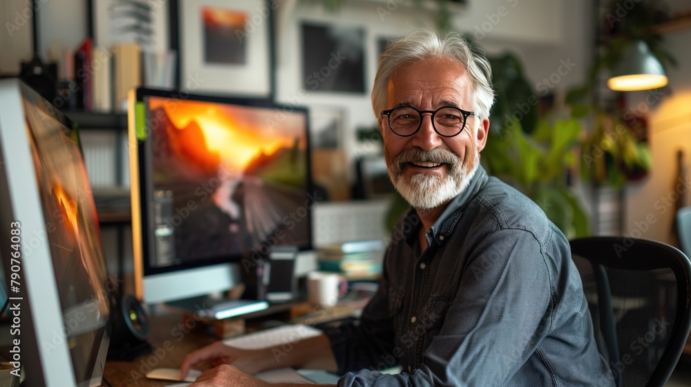 Graphic designer uses computer at office to retouch photo and smiles at camera