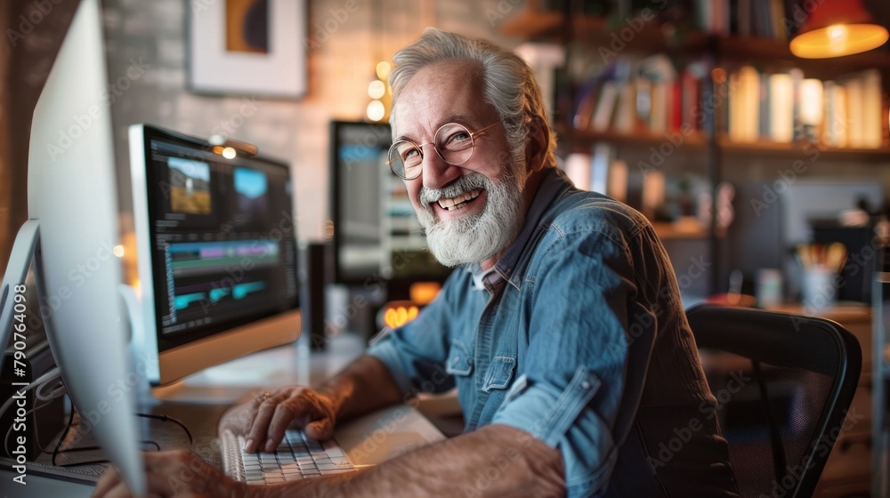 Graphic designer uses computer at office to retouch photo and smiles at camera Graphic designer uses computer at office to retouch photo and smiles at camera