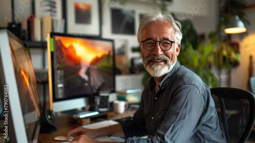 Graphic designer uses computer at office to retouch photo and smiles at camera