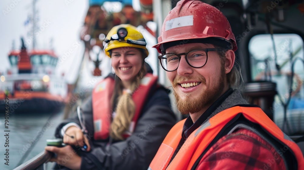 Engineers looking at camera on tug boat on boat in harbor with smiles Engineers looking at camera on tug boat on boat in harbor with smiles