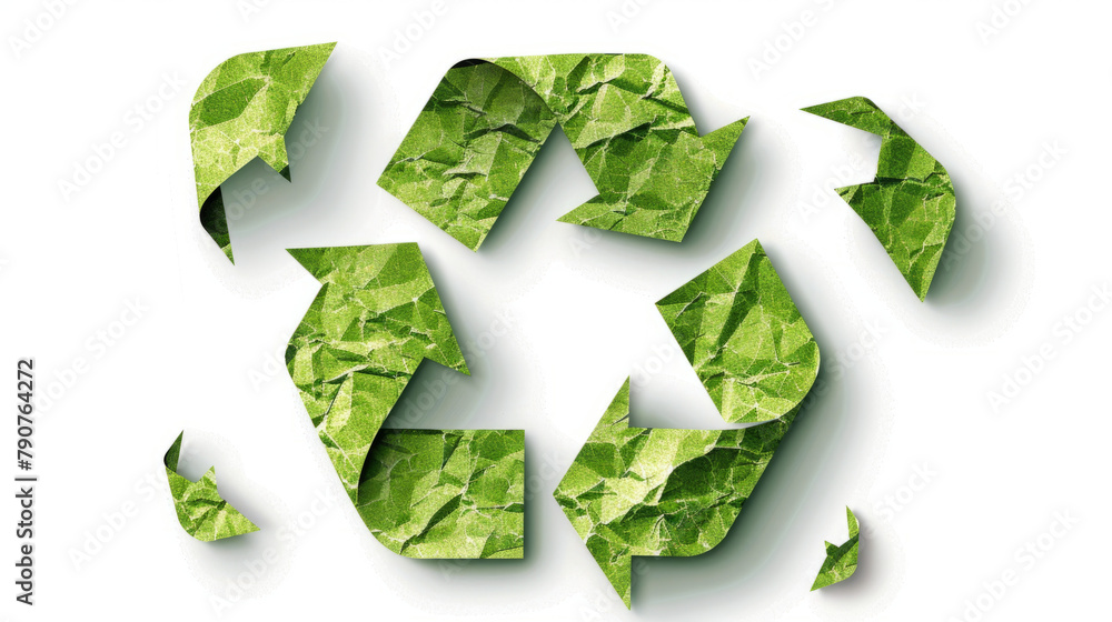 A clean and simple image featuring a prominent green recycling sign against a pristine white background, highlighting the concept of eco-friendly practices. A clean and simple image featuring a prominent green recycling sign against a pristine white background, highlighting the concept of eco-friendly practices.