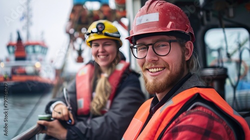 Engineers looking at camera on tug boat on boat in harbor with smiles photo