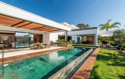 A photo of the front view of a modern house with a pool and wooden deck © Kien