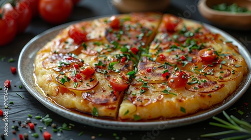 Spanish amlet or potato tortilla on a white plate dark