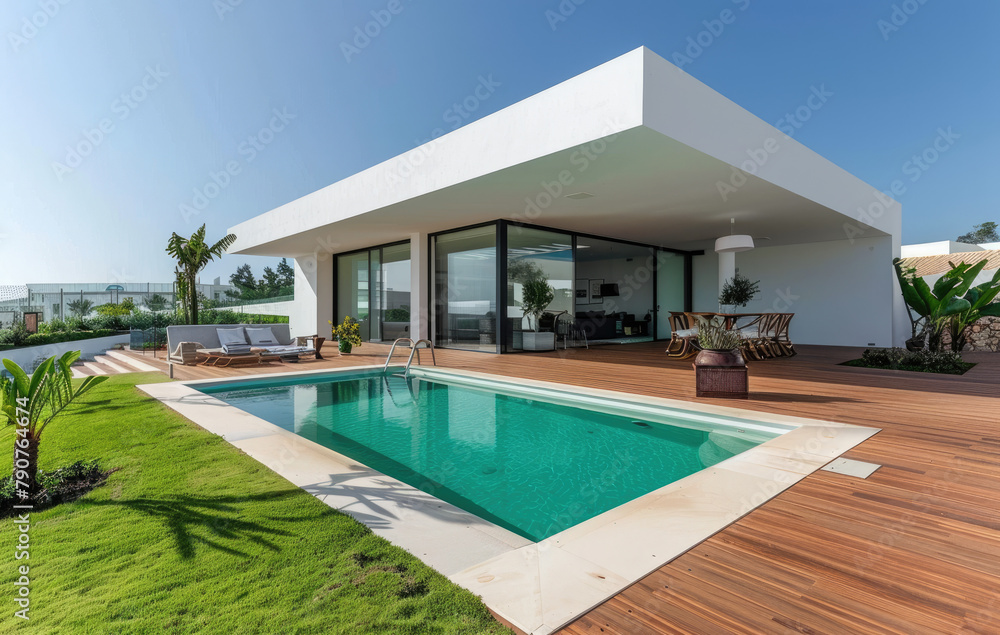 A photo of the front view of a modern house with a pool and wooden deck