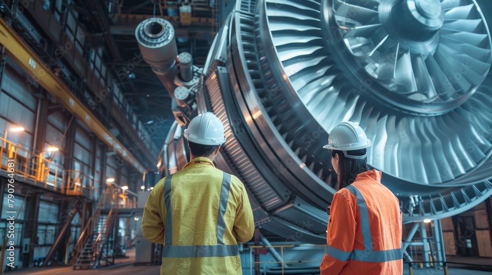 Two engineers looking at a large turbine wide angle lens realistic lighting Two engineers looking at a large turbine wide angle lens realistic lighting