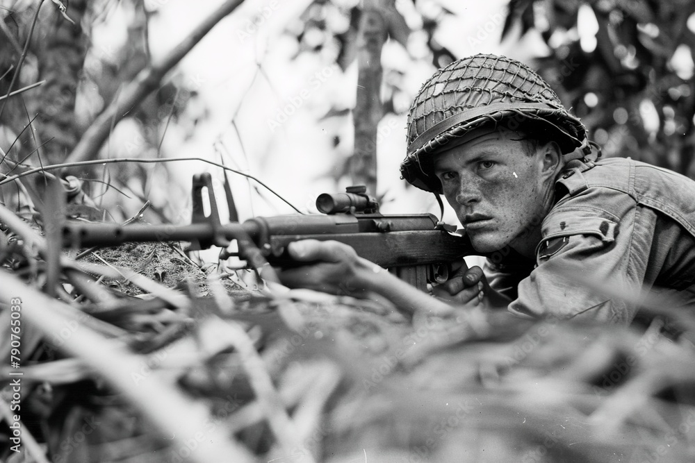 Naklejka premium Australian Digger With Bren Gun in Jungle