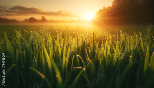 A lush, vibrant green grass field during sunrise, dew-covered and the sunlight