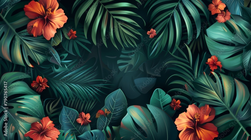 Naklejka premium Tropical leaves and flowers against a dark backdrop
