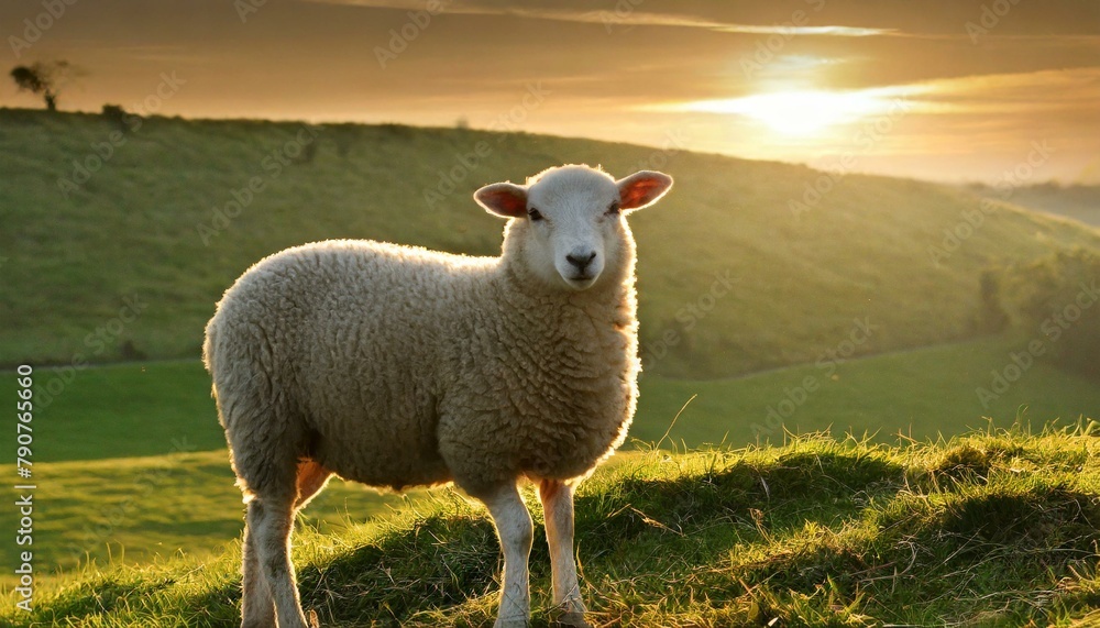 Fototapeta premium Twilight's Lamb: A Young Sheep in the Sunset Glow
