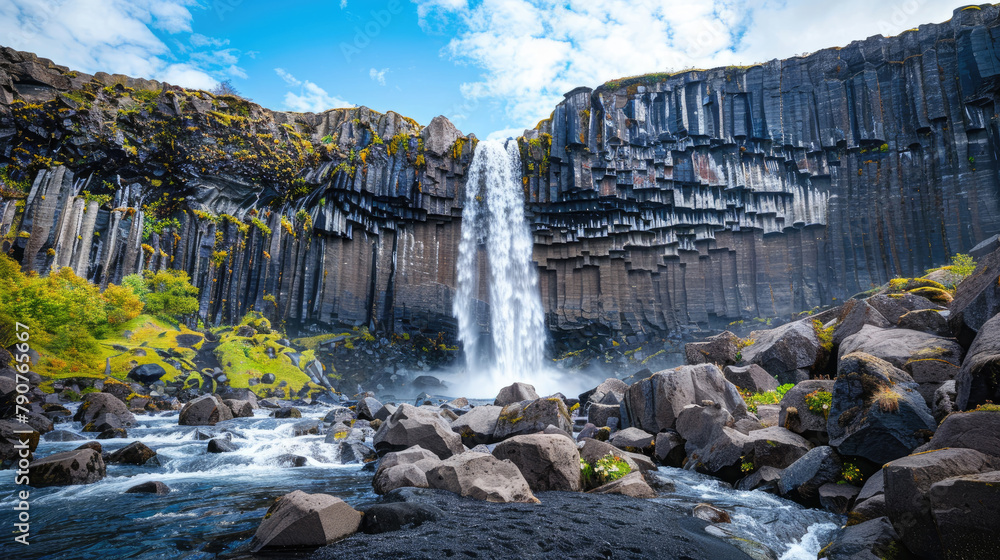 Fototapeta premium Majestic waterfall cascading over mossy brown cliffs onto black pebbled riverbed under clear blue sky